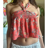 Flower Print Smocked Lace-up Tube Top